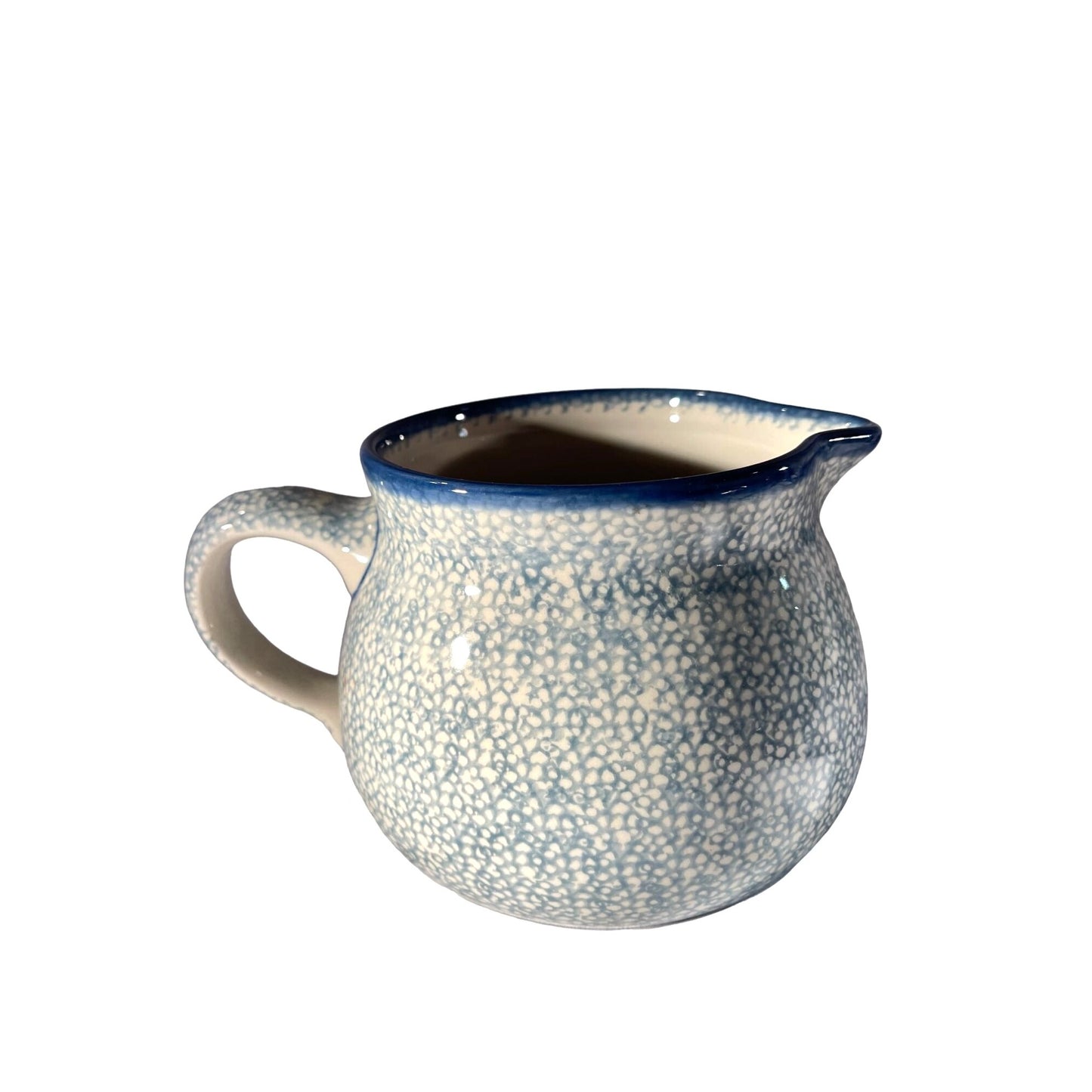 Handmade Polish Ceramic Cream Pitcher Blue & White Speckled Design 4.5" Tall 5" Wide