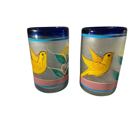 Vintage Hand-Painted Glass Tumblers With Blue Rim - Set Of 2