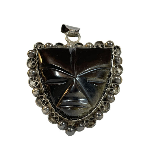 Vintage Taxco 980 Sterling Silver & Black Onyx Tribal Mask Pendant