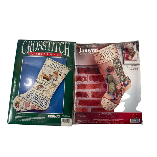 Lot of Bernat & Janlynn Cross Stitch Christmas Stocking Kits - A Child Is Born & Christmas Morning